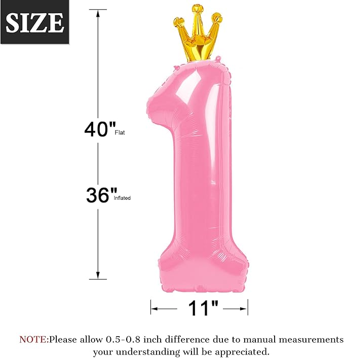 Pink Crown Number 1 Balloon 40 inch, Number 1 Birthday Balloons for Boy Girl, Pink Crown Foil One Balloon for 1st 10 11 12 16 18 Birthday Party, Anniversary Celebration Numbers Decorations
