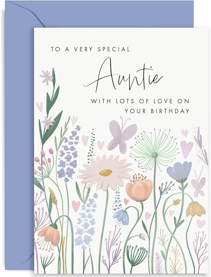 Old English Co. Birthday Card For Auntie - Butterfly Hearts Flower Birthday Card for Her - Cute Birthday Card for Adult Woman from Nephew or Niece - Birthday Cards for Her | Blank Inside with Envelope