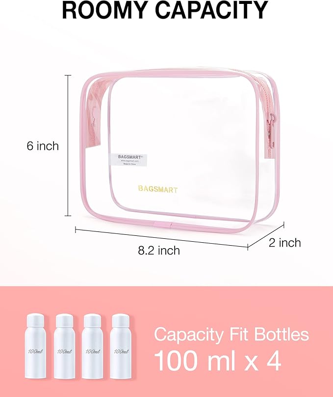 BAGSMART Clear Toiletry Bag, 2 Pack TSA Approved Carry on Travel Accessories Bag Airport Airline Quart Size Bags Water Repellent Makeup Cosmetic Bag for Women (Pink-2pcs)