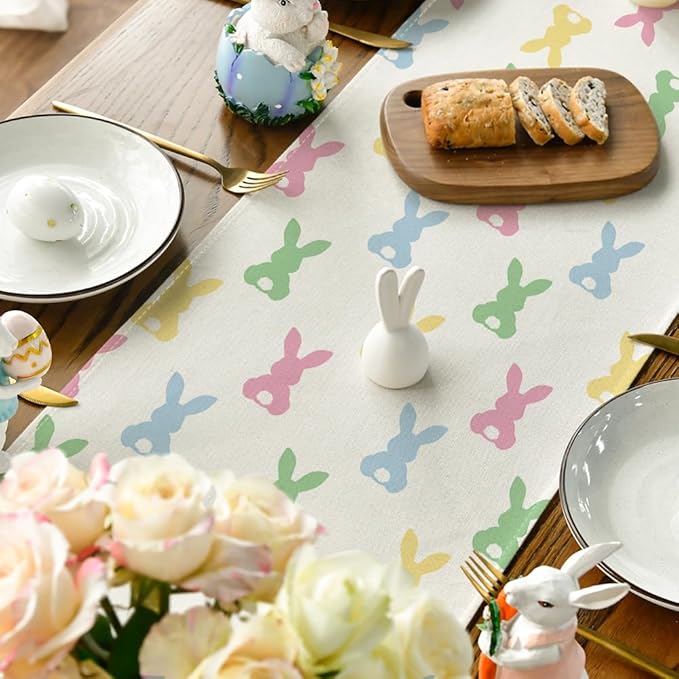 Artoid Mode Green Pink Bunny Rabbit Easter Table Runner, Spring Kitchen Dining Table Decoration for Home Party Decor 13x60 Inch