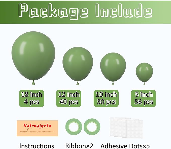 130pcs Sage Green Balloons Different Sizes 18" 12" 10" 5" Olive Green Balloons for Birthday Graduation Baby Shower Wedding Anniversary New Year Party Decorations