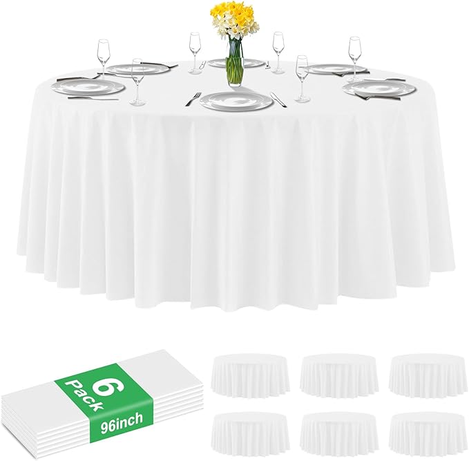 6 Pack Premium White Plastic Table Cloth -96 Inch Round Tablecloth, Disposable Tablecloth Plastic Table Cover for Parties (6, White, 96" Round)