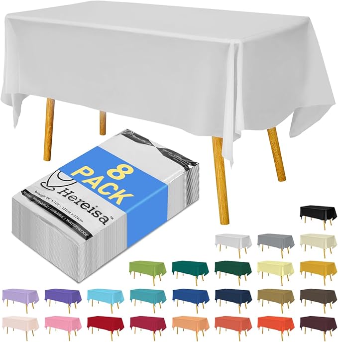 8-Count White Disposable Plastic Tablecloths Rectangle 54x108 Inch - Extra Long Waterproof Banquet Table Covers for Parties & Catering