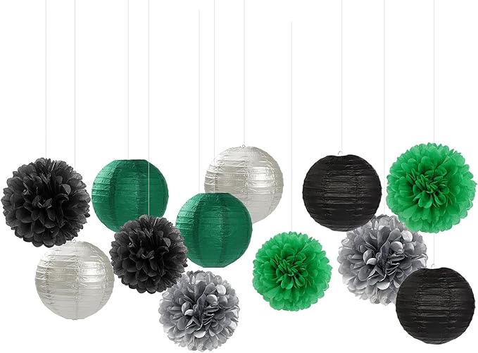 Green-Black Silver Party-Decorations Paper Flowers Lanterns - 15PCS Football Game Day Birthday Tissue Pom Poms Streamers, Bachelorette New Years Hanging Supplies Decor Hugfond