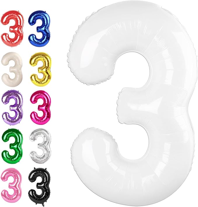 Large 40 Inch White 3 Number Balloon, 3 13 23 30 33 36 38 White Birthday Party Decorations, Numbers Three Foil Balloons for Anniversary Party Graduations Celebration Supplies