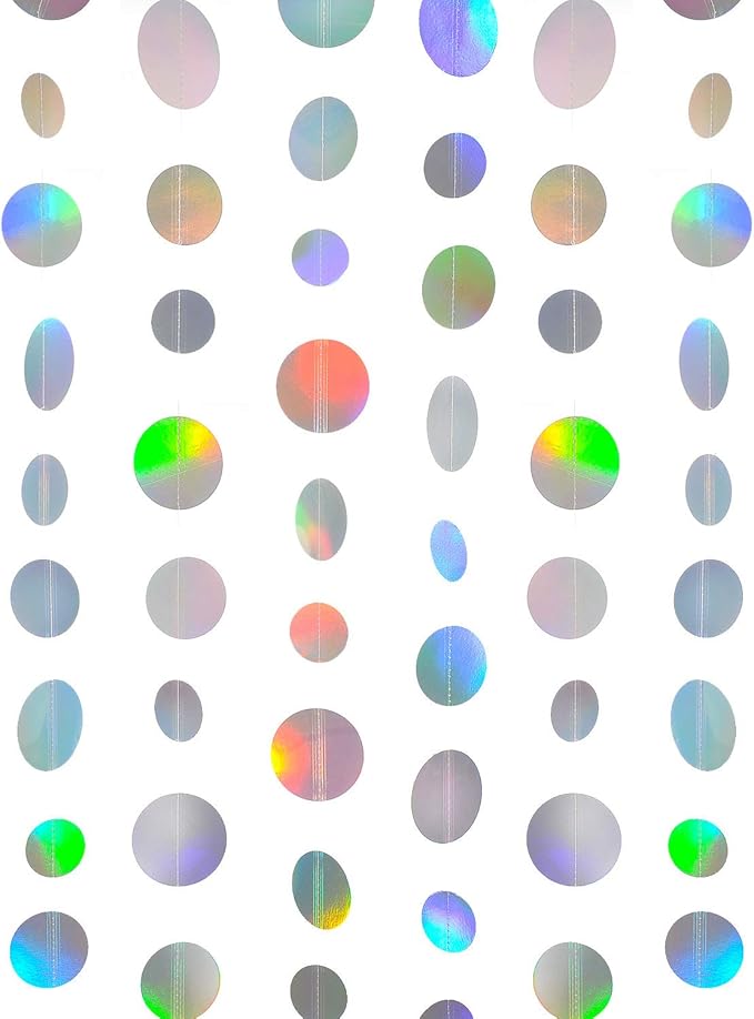 Holographic Paper Garland Shiny Iridescent Circle Dots Party Streamer Banner Backdrop Hanging Decorations, 20 Feet in Total