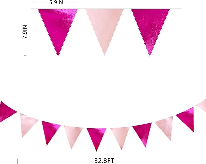Hot Pink Party Decorations Metallic Fabric Gradient Pink Triangle Pennant Banner Flag Bunting Garland for Women Girl Birthday Retirement Bridal Shower Wedding Baby Shower Bachelorette Party Supplies