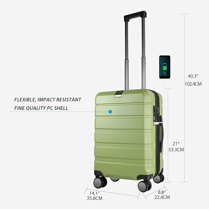KROSER Hardside Expandable Carry On Luggage with Spinner Wheels & Built-in TSA Lock, Durable Suitcase Rolling Luggage with USB Port, Carry-On 20-Inch, Green
