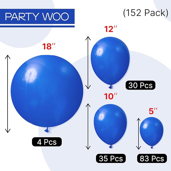 PartyWoo Royal Blue Balloons 152pcs Different Sizes Pack of 18 12 10 5 Inch Dark Blue Balloon Arch Kit for Baby Shower Gender Reveal Graduation Under The Sea Birthday Party Decorations Blue-Y59