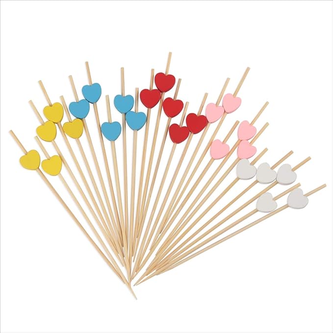 Minisland White Love Heart Cocktail Picks, 4.7 Inch Long Bamboo Fancy Toothpicks for Appetizers, Decorative Valentines Bridal Wedding Party Food Drinks Garnish Fruit Skewer Sticks 100 Counts -MSL135