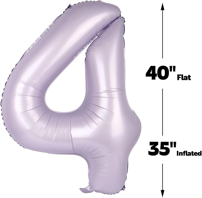 40 Inch Lilac Large Number 4 Balloons, Giant Foil Number Four 14 24 34 40 44 Balloons, Lavender Mylar Big Balloon for Anniversary Graduation Decorations