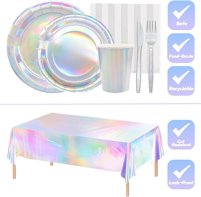 146pcs Iridescent Party Supplies Iridescent Party Tableware Sets Serve 24 Guests Includes Holographic Paper Plates Cups Napkins Forks for Baby Bridal shower Mermaid Birthday Party