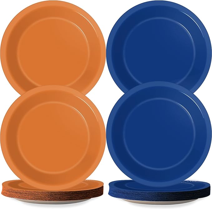Wiooffen 48 Pcs Orange Blue Party Plates Birthday Party Disposable Paper Dessert Plates Supplies Decorations Dart War Theme Plates Tableware for Birthday Baby Shower