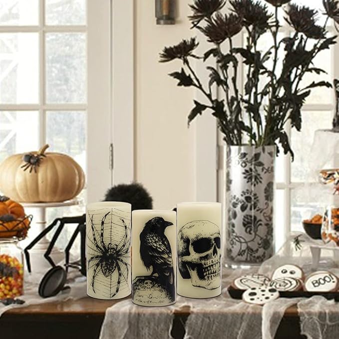 Eldnacele Halloween LED Flameless Flickering Candles Battery Operated with 6H Timer Skull Spider Web Crow Raven Spooky Decals Halloween Themed Indoor Decoration(3 Pack, D3 x H6)