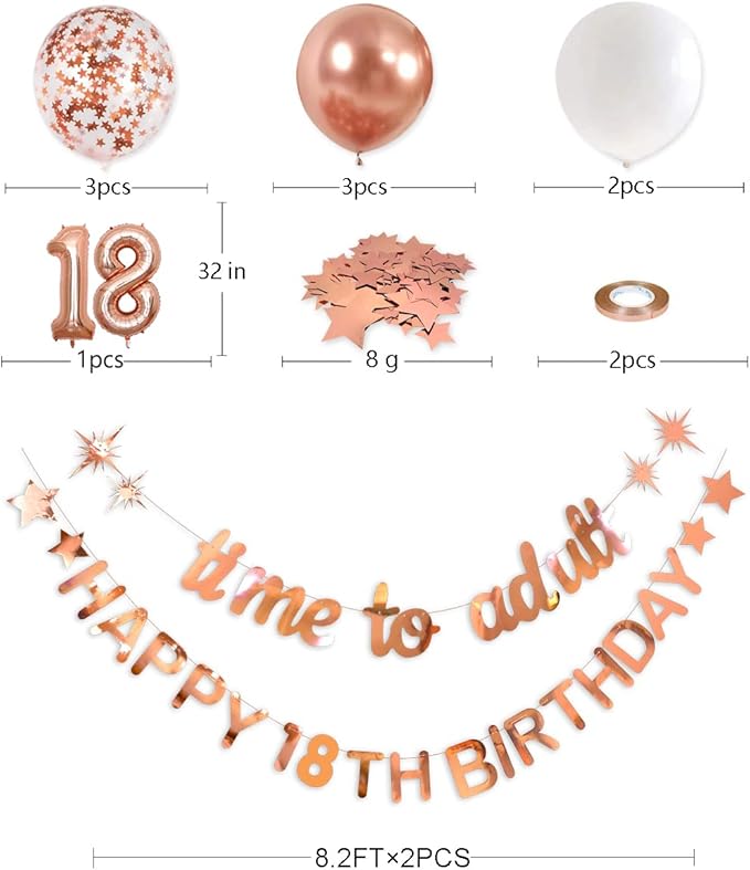 Rose Gold Time to Adult Happy 18th Birthday Banner Garland Foil Balloon 18 for 18th Birthday Decorations Hanging Eighteen Year Old Birthday Party Decor for Men Boys Girls 18 Birthday Party Supplies