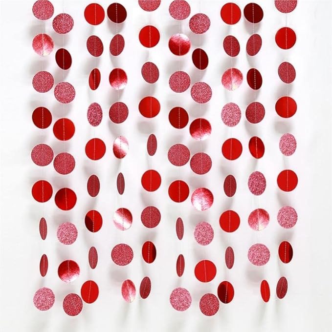 JEYE Red Circle Dots Party Garland Decoration Metallic Hanging Streamer Bunting Banner Backdrop Decor for Baby Shower Birthday Wedding Thanksgiving Christmas Party Decor, Pack of 2, 26 Feet in Total