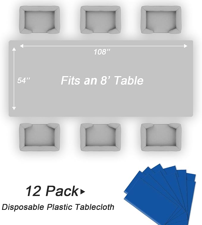 QIKSION Blue Plastic Table Cloth Disposable 12 Pack, 54 x 108 Inch Tablecloths for Patriotic Decorations, Birthday Party, Rectangle Table Cover