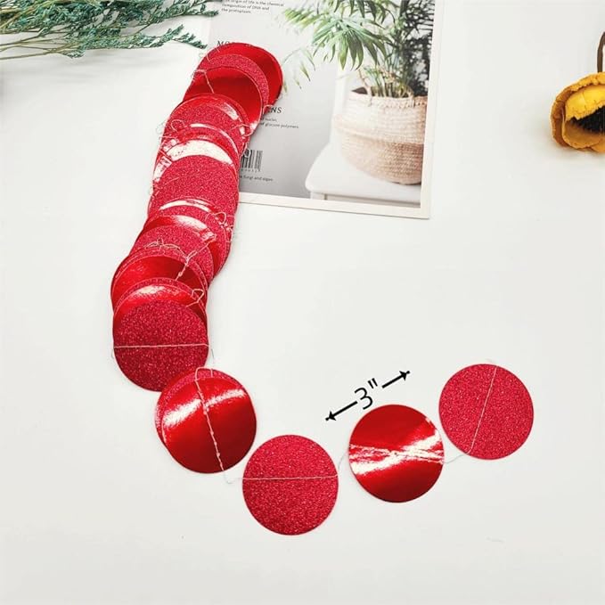 JEYE Red Circle Dots Party Garland Decoration Metallic Hanging Streamer Bunting Banner Backdrop Decor for Baby Shower Birthday Wedding Thanksgiving Christmas Party Decor, Pack of 2, 26 Feet in Total