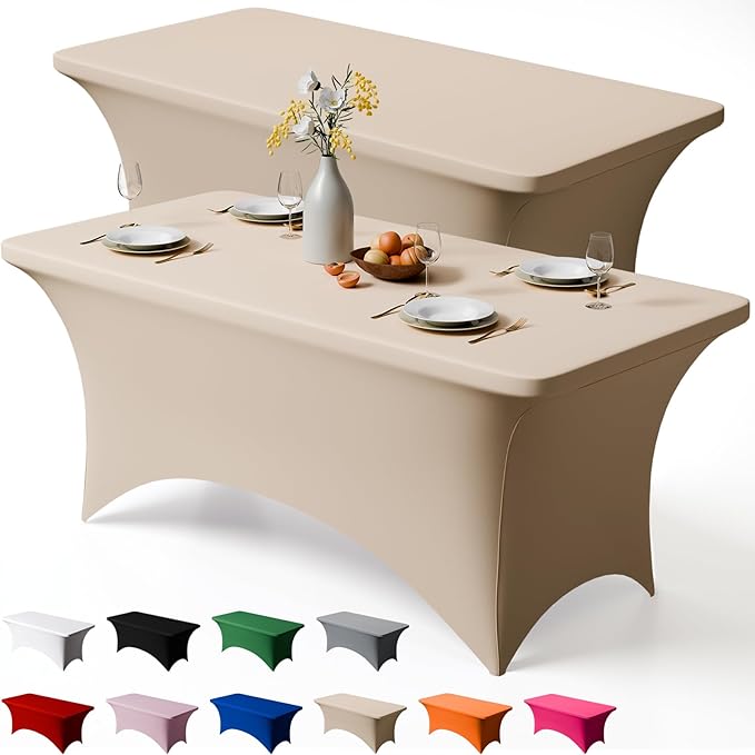 Trlyc 2 Pack 4FT Spandex Table Cloth - 48 x 30 Inch Rectangular Stretch Tablecloth, Wrinkle Resistant Scretch Table Cover for Wedding, Party, Banquet, Picnic, Outdoor Decoration (2Pcs,Champagne)
