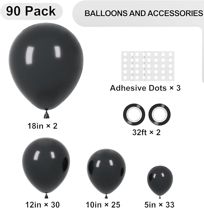 90pack Black Balloons Different Size 18/12/10/5 Inch Black Balloon Garland Arch Kit for Graduation, Wedding, Birthday, New Year, Baby Shower, Anniversary, Holiday Party Decorations