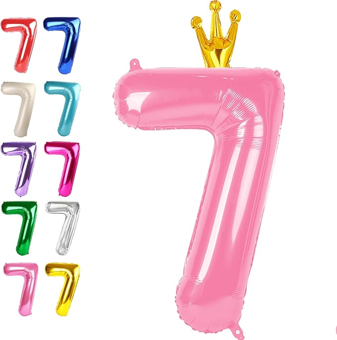 Digital Number 7 Pink Crown Birthday Balloon 40 Inch, Foil Balloons for 7 17 27 70 77 Party Decorations Supplies, Pink Crown Mylar Numbers Balloon for Seven Wedding Anniversary