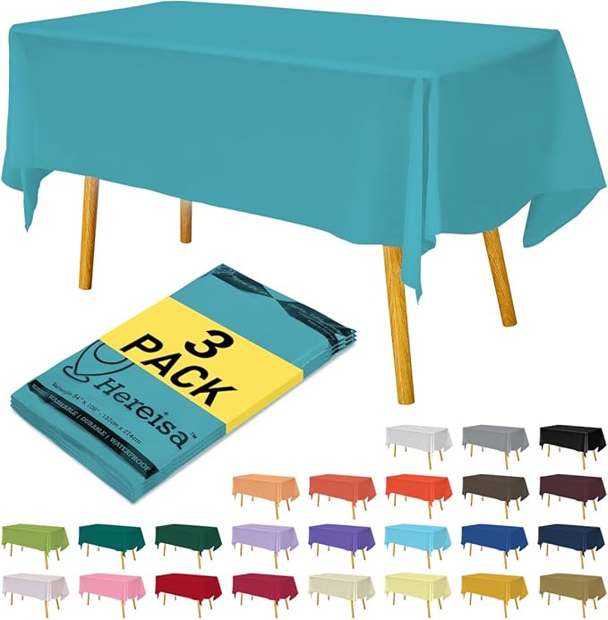 Plastic Aqua Tablecloths 3 Pack Disposable Table Covers 54 x 108 Inches Pitch Onyx Aqua Table Cloths for Parties Birthdays Weddings Anniversary BBQ Picnic, Fits 6 to 8 Foot Rectangle Tables