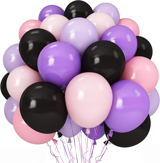 Halloween Balloons, 60pcs 12 Inch Black Pink Purple Latex Balloons for Girls Women Halloween Wedding Bride Baby Shower Engagement Bachelorette Spooky Witch Themed Birthday Party Decorations Supplie