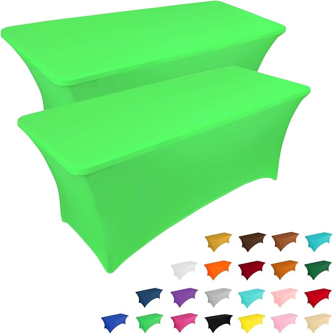 IVAPUPU 2 Pack 8FT Table Cloth for Rectangular Fitted Events Stretch Green Table Covers Washable Spandex Tablecloth Protector for Party, Wedding, Cocktail, Banquet, Festival