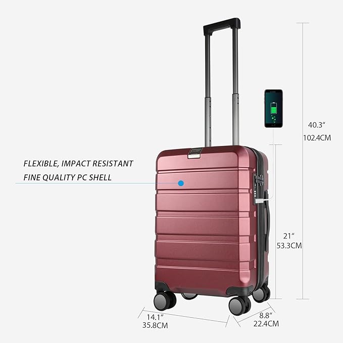 KROSER Hardside Expandable Carry On Luggage with Spinner Wheels & Built-in TSA Lock, Durable Suitcase Rolling Luggage with USB Port, Carry-On 20-Inch, Burgundy