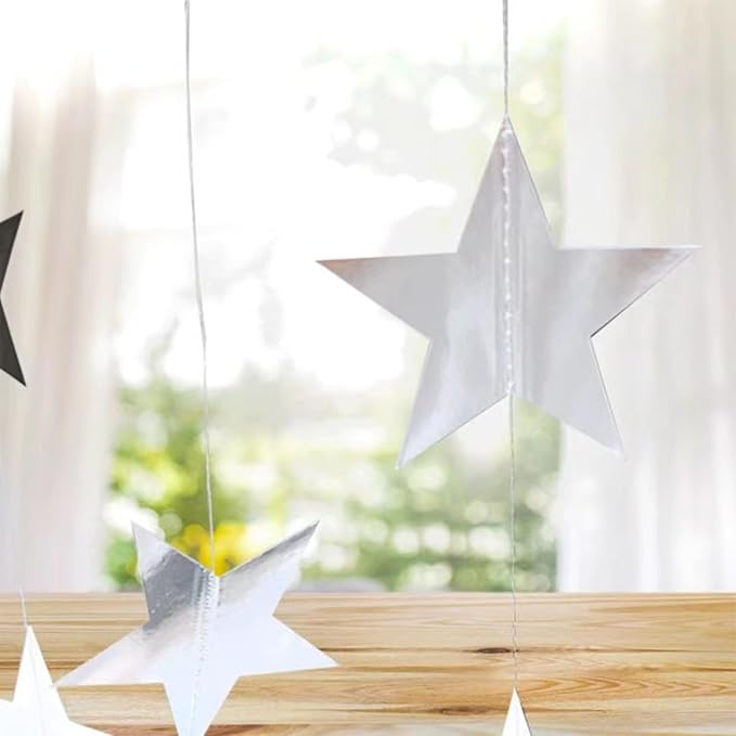 Yzurbu Silver Star Garland, 78 Feet Double Side Hanging Sparkly Paper Star Banner Decorations for Birthday Wedding Engagement Baby Shower Christmas Thanksgiving Halloween