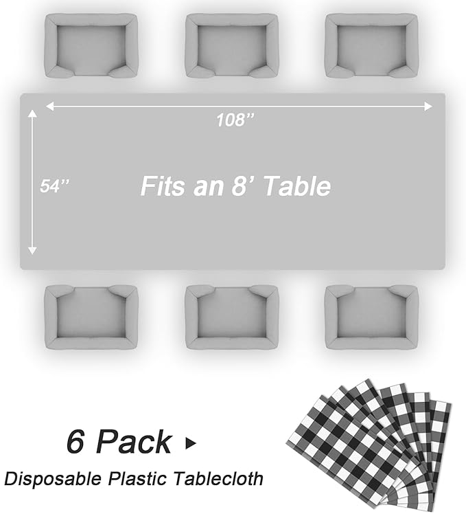 QIKSION Black Gingham Tablecloth Disposable 6 Pack, 54 x 108 Inch Black and White Checkered Table Cloth for Picnic, Outdoor BBQ Decorations, Birthday Party Supplies, Rectangle, Plastic Table Cover