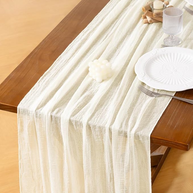 Socomi 3pcs Ivory White Cheesecloth Table Runner Valentine's Day Gauze 120 Inch Rustic Boho Cheese Cloth Runner for Wedding Party Baby Bridal Shower Centerpiece Decoration Holiday Home Decorations