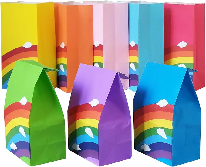 Future Life 24 pcs Rainbow Party Favor Paper Bags, 5.2 * 3.2 * 9.6 Inch, Food Safe Kraft Paper and Ink, Natural (Biodegradable), Vivid Colored,Give Away Bags.