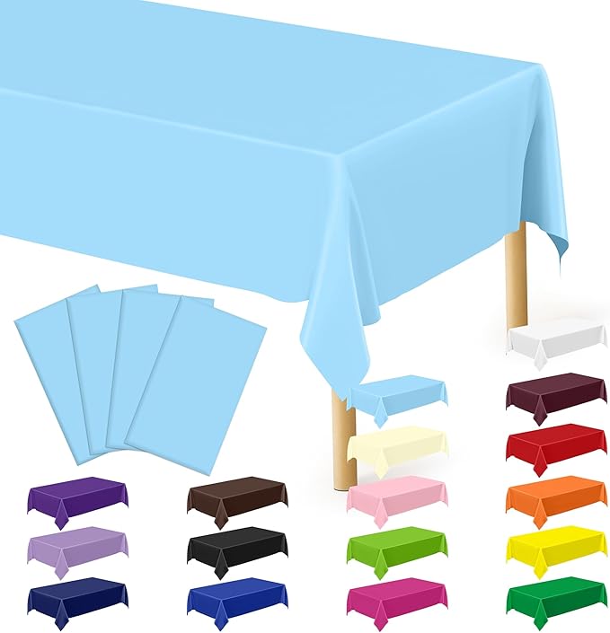4 PCS SkyBlue Plastic Tablecloth, 54" x 108" Waterproof Picnic Table Cover for Indoor Outdoor, Disposable Stain Resistant Table Cloth of Baptism Decorations, Picnic Camping Party Essentials