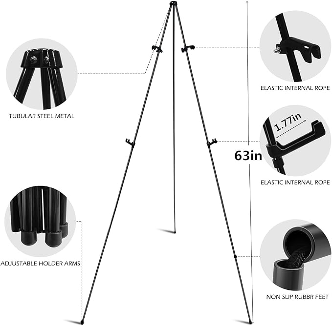 RRFTOK Easel Stand for Sign, 63'' Instant for Displaying - Art and Crafts Foldable Portable Ground Easels for Wedding Sign and Poster Display Stand - with Portable Bag Black 1-Pack.