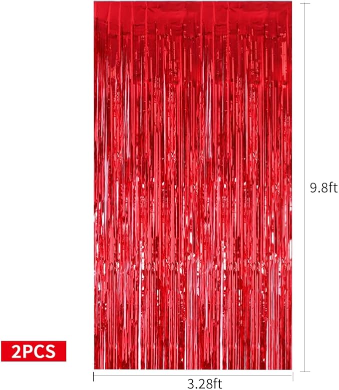 TONIFUL 2Pcs Red Metallic Tinsel Foil Fringe Curtains,Red Photo Booth Backdrop Streamer Curtain Photo Booth Props for Bachelorette Party,Birthday,Graduation,Christmas Decor(6.6ft x 9.9ft)