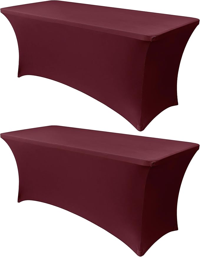Obstal 6ft Stretch Spandex Table Cover for Standard Folding Tables - Universal Rectangular Fitted Tablecloth Protector for Wedding, Banquet and Party, 72L x 30W x 30H Inches, Wine Red, 2pc