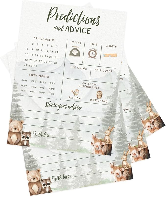 Printed Party Baby Predictions & Advice Cards – Woodland Adventure Baby Shower Game, Adorable Forest Animals Theme for Boy, 30 Pack