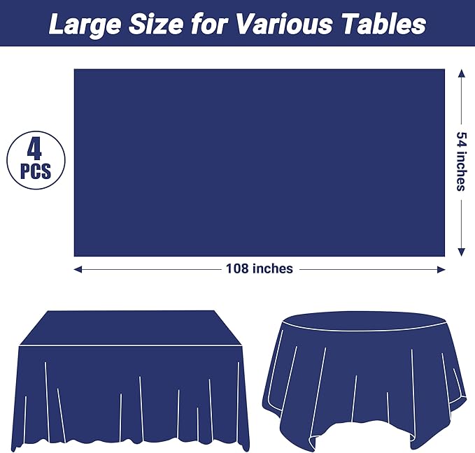4 PCS Navy Plastic Tablecloths for Rectangle and Round Tables, 54" x 108" Stain Resistant Disposable Tablecloth for Picnic, Weddings, Baptism Decorations, Picnic Table Cover for Parties, Birthday