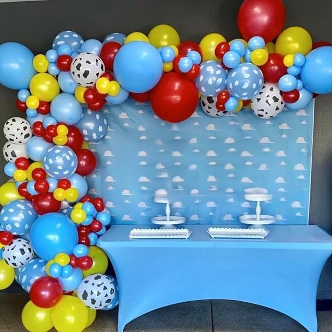 Toy Inspired Story Balloons, 12 Inch Cow Print Sky Blue Cloud Balloons Red Blue Yellow Green Balloons for Kids Boys Birthday Party Farm Themed Halloween Party Decorations