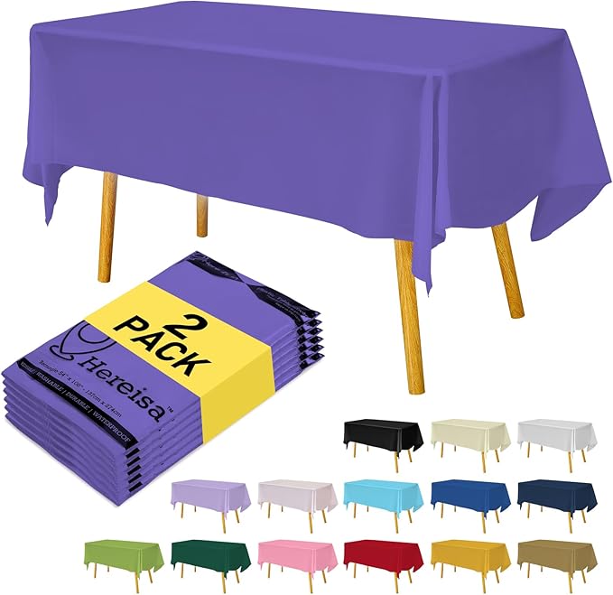 Purple Plastic Tablecloths 2 Pack Disposable Table Covers 54 x 108 Inch Bridal Party Tablecovers PEVA Violet Table Cloths for Picnic Birthday Wedding Banquet Parties 8 ft Rectangle Table Use