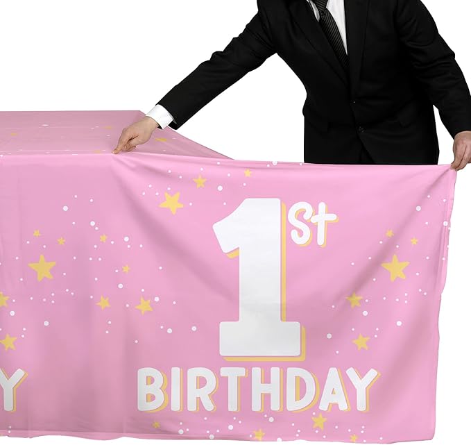 Gatherfun Baby Girl Party Supplies Set: 1st Birthday Decorations, Includes 2-Pack Baby Girl-Themed Tablecloths for First Birthday Decorations, Disposable Table Covers 54 x 108 Inch