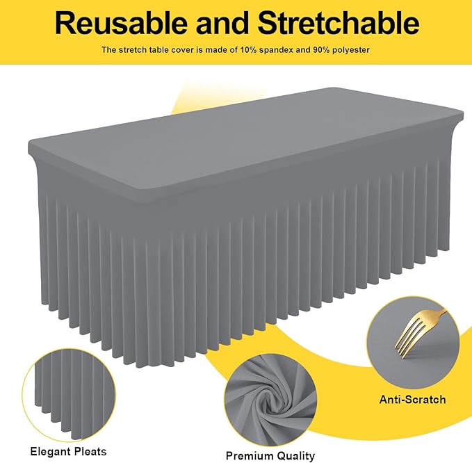 Smiry Spandex Tablecloth, Elastic Fitted Stretch Tablecloth for 4FT Rectangle Tables, Waterproof Washable Table Cover Skirt for Outdoor, Wedding, Banquet & Parties (Grey, 48Lx30Wx30H Inch)