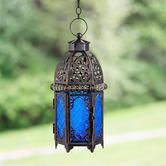 NEEDOMO Hanging Moroccan Lantern, 12.8'' Vintage Candle Holder, Metal Lanterns Decorative Indoor Outdoor, Table, Patio, Porch, Shelf, Gothic Home Decor (Blue, Large Size)