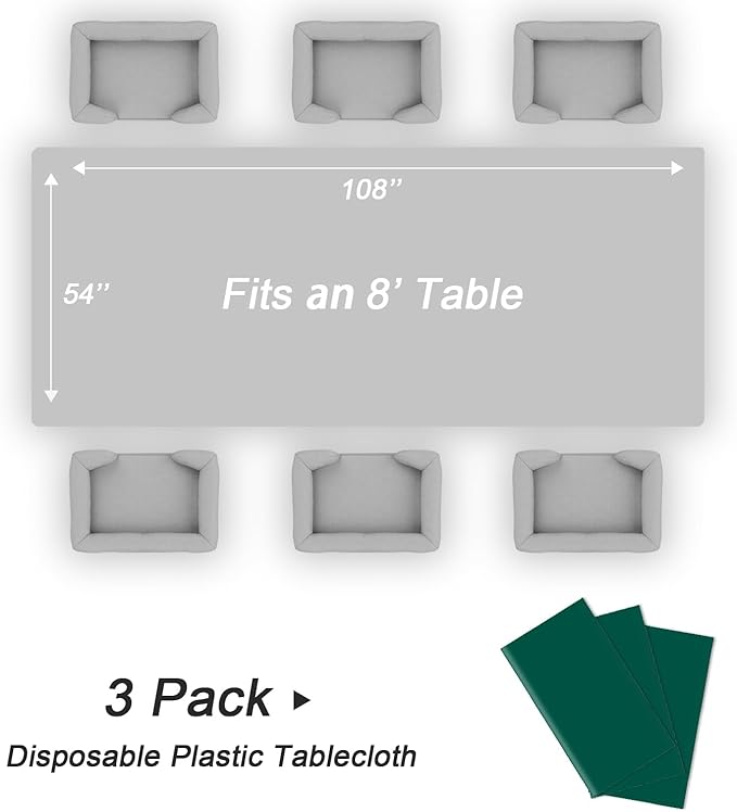 QIKSION Dark Green Plastic Table Cloth Disposable 3 Pack, 54 x 108 Inch Tablecloths for Party, Christmas Decorations, Rectangle Table Cover