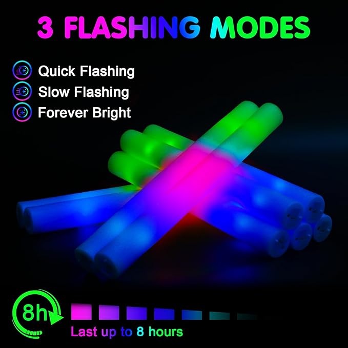 112 PCS Foam Glow Sticks, Foam Light Up Sticks Party Supplies with 3 Mode Colorful Flashing, Glow Sticks Bulk Party Pack, Led Foam Sticks for Birthday, Wedding, New Year, Carnival, Concert
