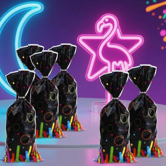Neon Cellophane Treat Bags Plastic Colorful Candy Goodie Bag with Twist Ties for Birthday Party Decoration Gift Wrap (200/black)