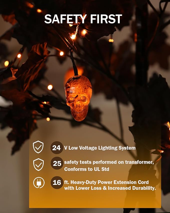 6ft Black Maple Halloween Tree with LED Skull Lights & Spiders, 160 Bulbs, Dimmable Timer, 16ft Cord, Indoor & Outdoor Decor