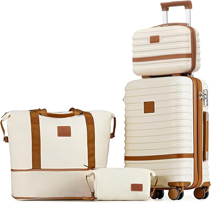 Joyway Carry On Luggage 20 Inch Expandable Suitcase with Spinner Wheel, 4 Piece Hard Shell Luggage Set with TSA Lock(White brown)