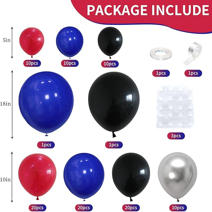 Red Blue Black Balloon Arch Kit, Royal Blue Red Black Garland Kit with Metallic Silver Latex Balloon for Theme Party Boys Kids Birthday Baby Shower Graduation Baseball Party Decorations